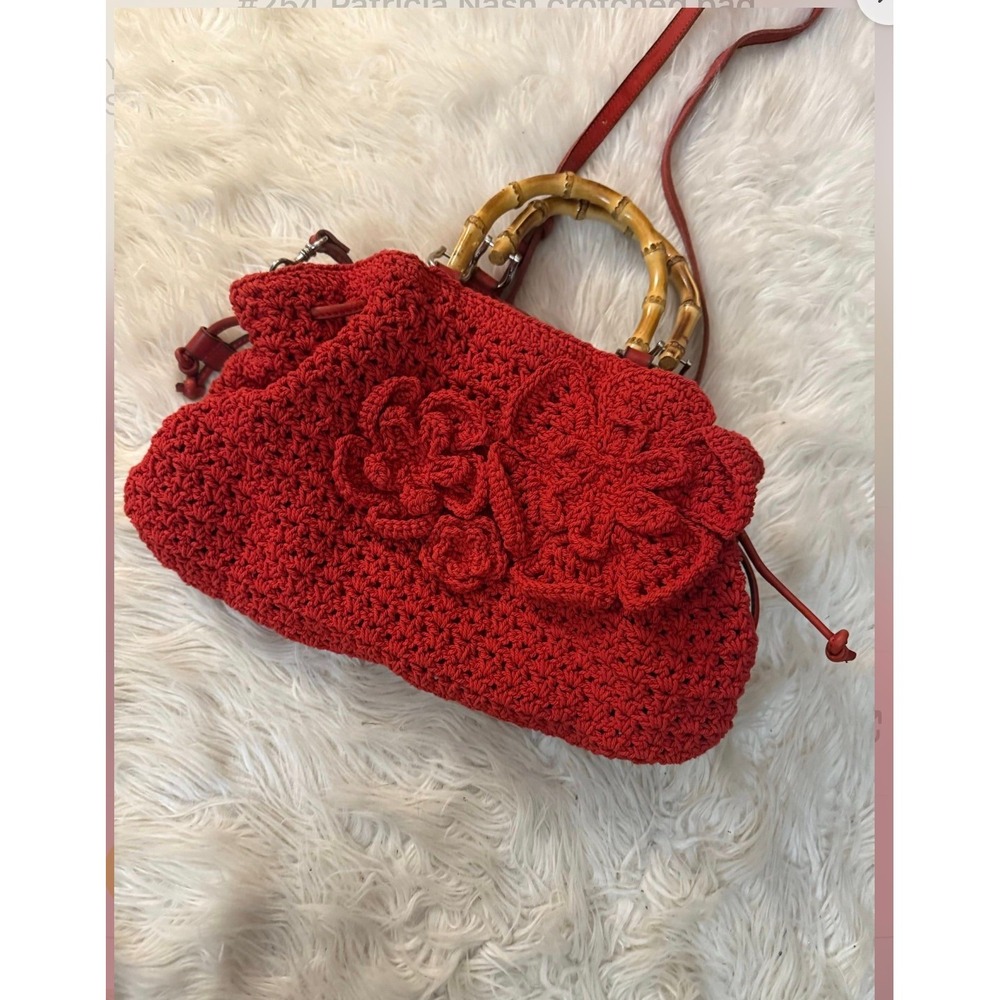 Patricia Nash Cantinella Papaya Red Crochet Floral Bag Bamboo Handles